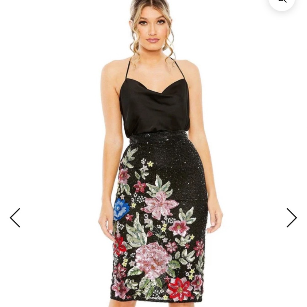 Mac Duggal Black Sequin Pencil Skirt with Multicolor Floral Appliqué